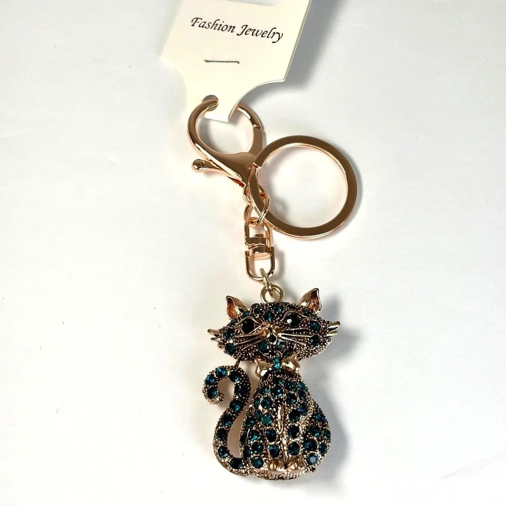 Whimsical Keychain Cat‎ Emerald Teal Rhinestone Gold Boho Bag Charm Gift Kitty